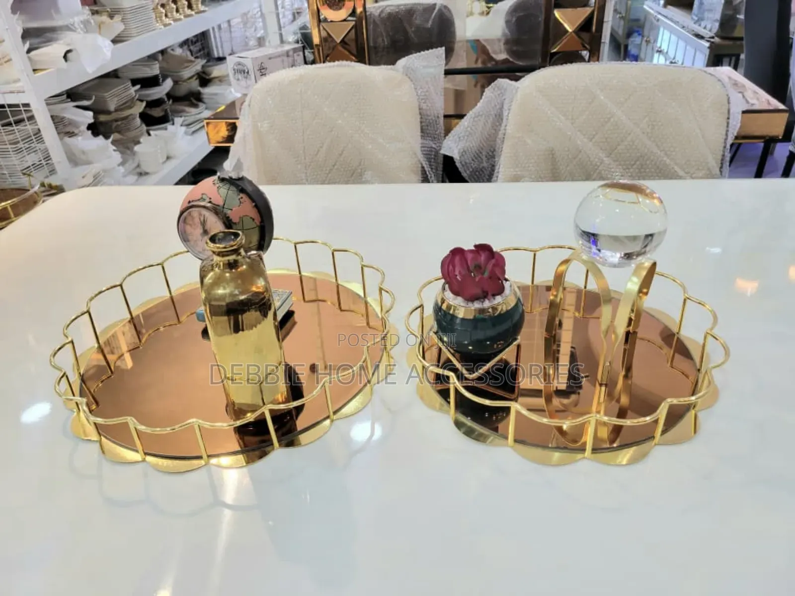 Gold Scalloped Metal-Edge Mirror Tray Set 1-2pcs