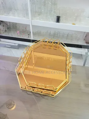 Set of Two Gold Geometric Mirrored Serving Trays