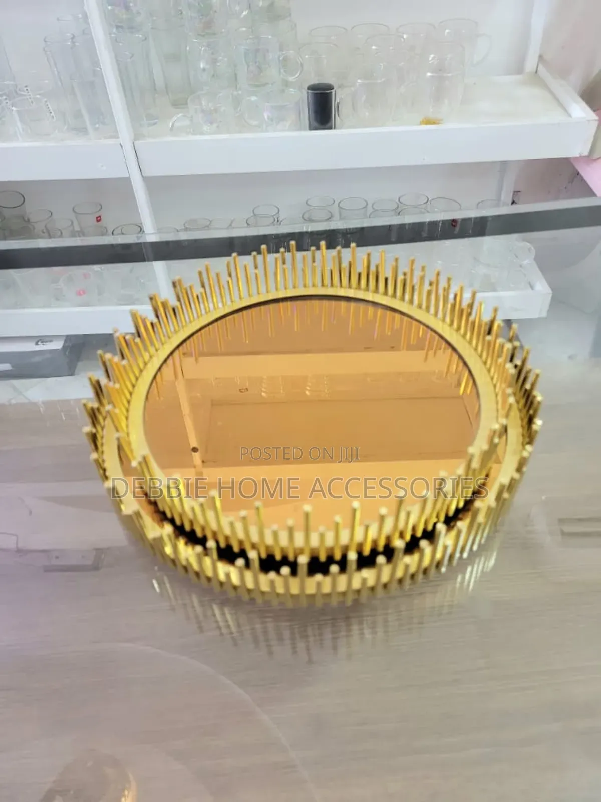 Gold Sunburst Round Metal Mirror Decorative Tray