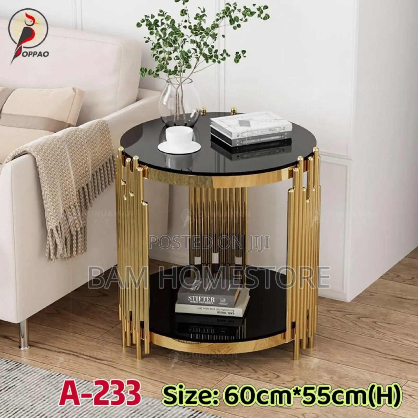 Luxury Gold Black Glass Side Table (A-233)