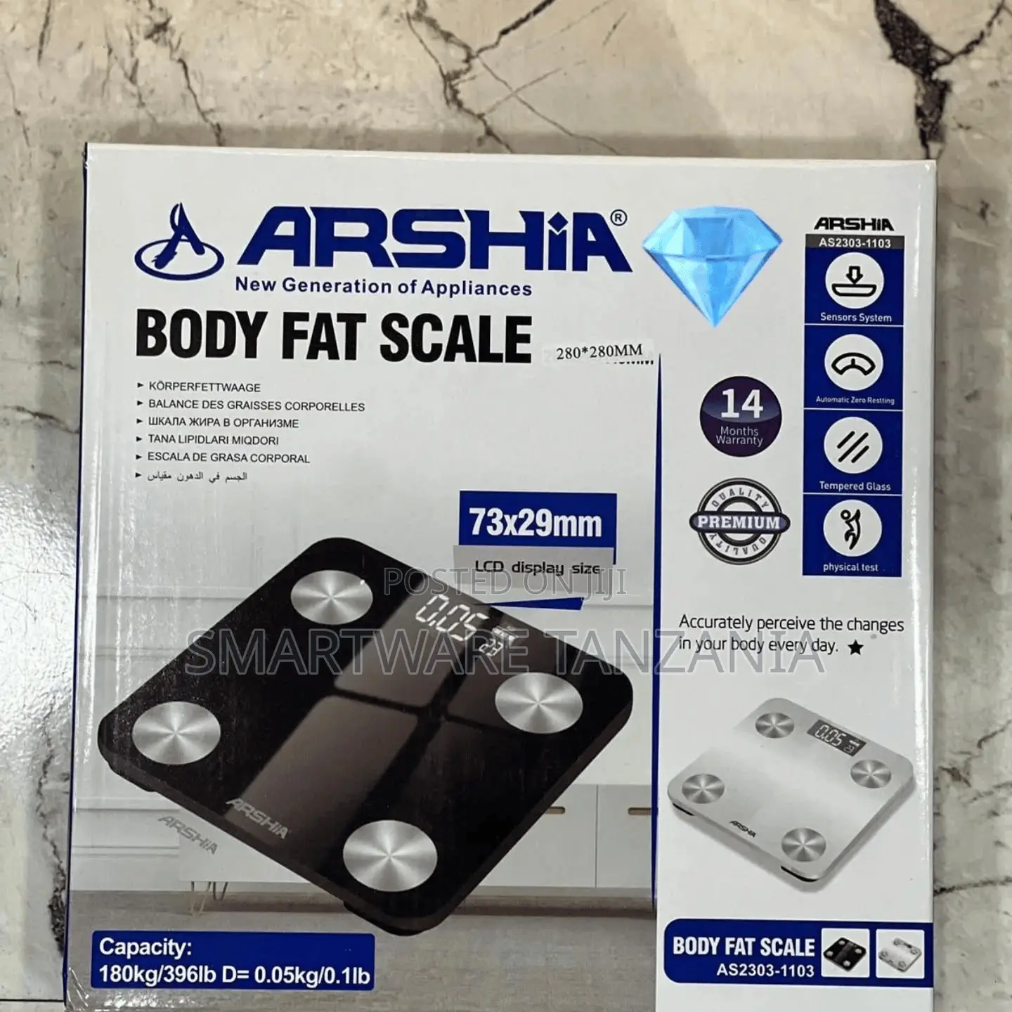 Arshia As2303-1103 Body Fat Scale 180kg Tempered Glass Black White