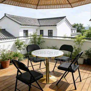 Elegant Bistro Set | Marble-Style Gold Pedestal Table | Folding Chairs