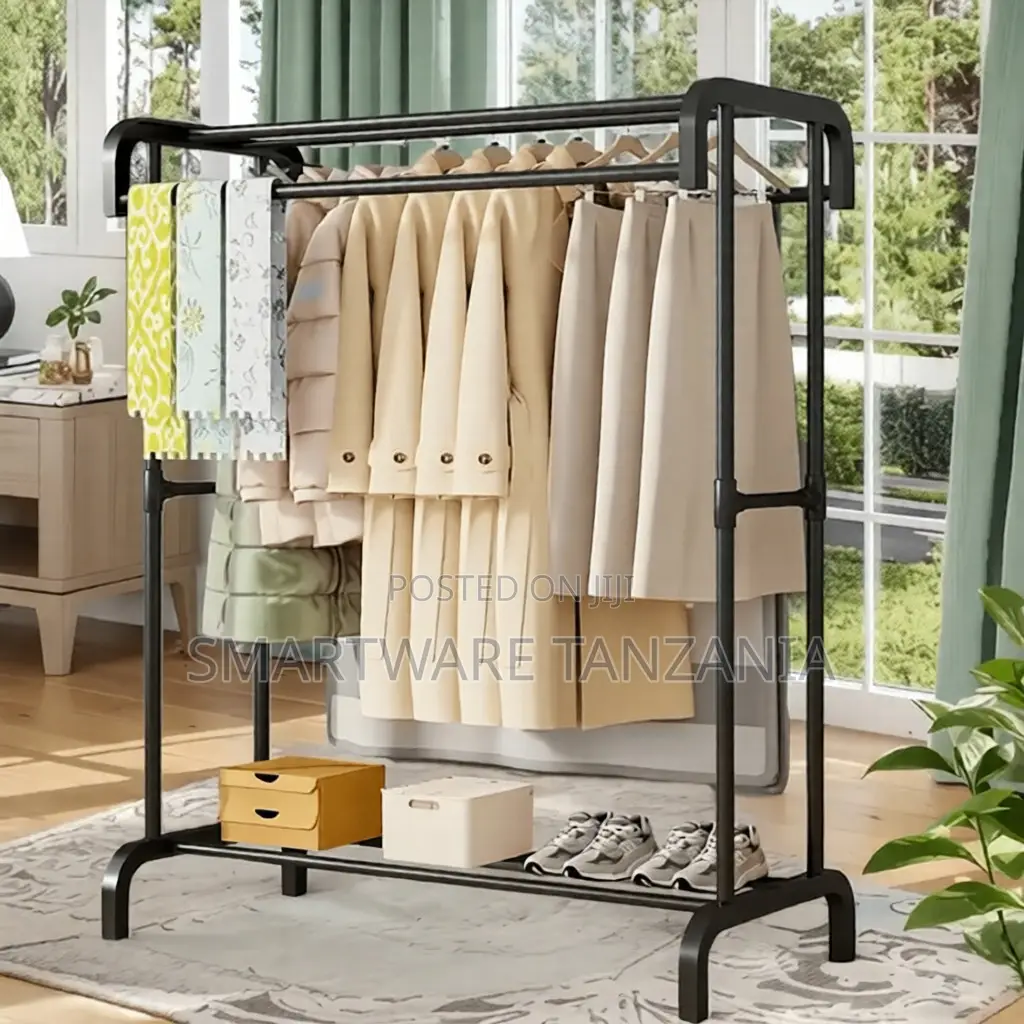 Heavy-Duty Double Bar Garment Rack With Shoe Shelf for Home
