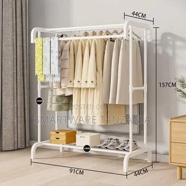 Sturdy Metal Clothing Rack Stand With Dual Rails and Storage Base