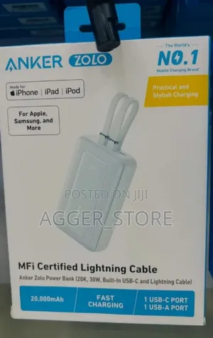 Anker Zolo Power Bank (20000mah, 30w, Usb-C and Lightning Cable)