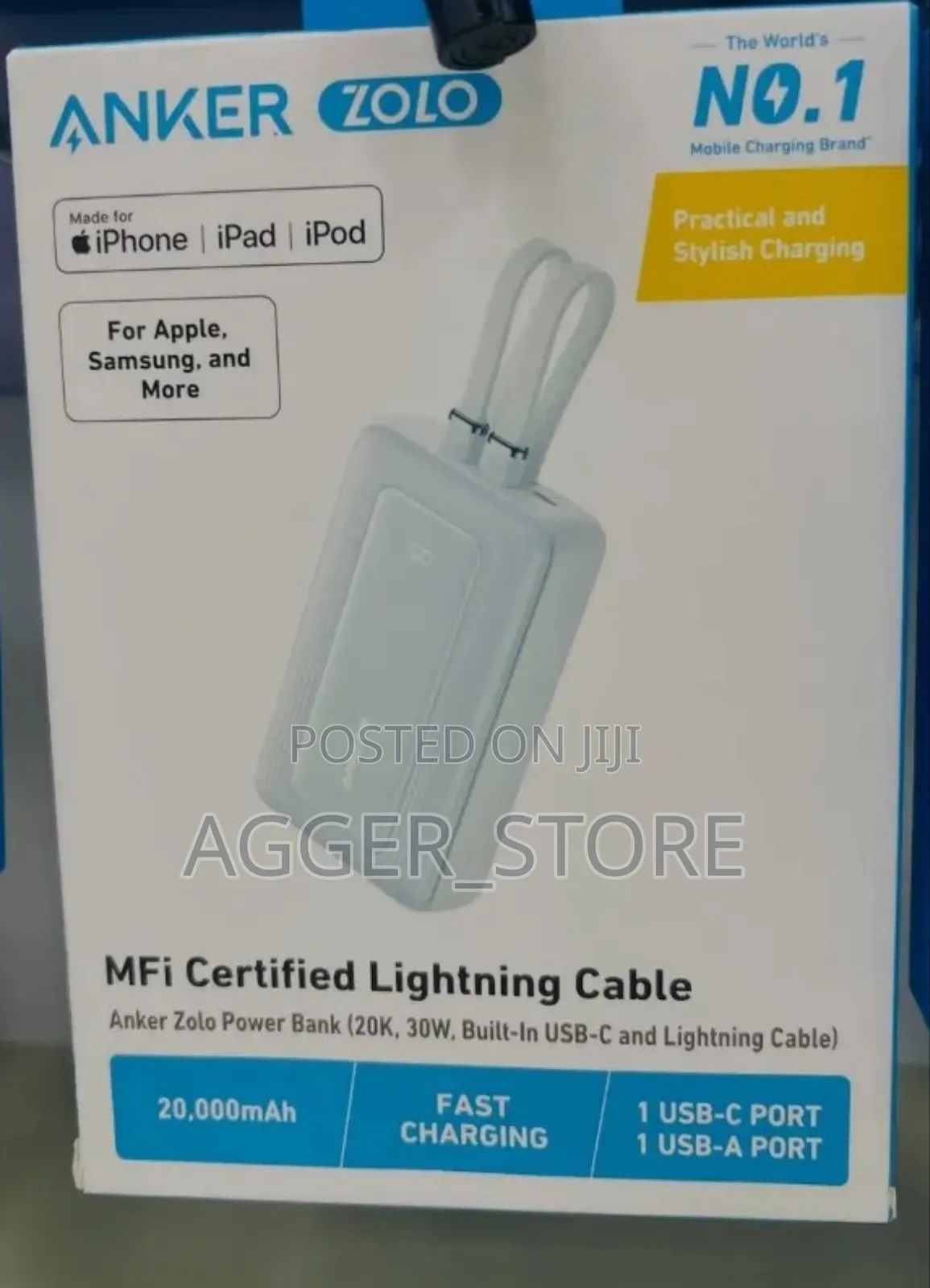 Anker Zolo Power Bank (20000mah, 30w, Usb-C and Lightning Cable)