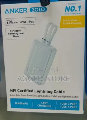 Anker Zolo Power Bank (20000mah, 30w, Usb-C and Lightning Cable)