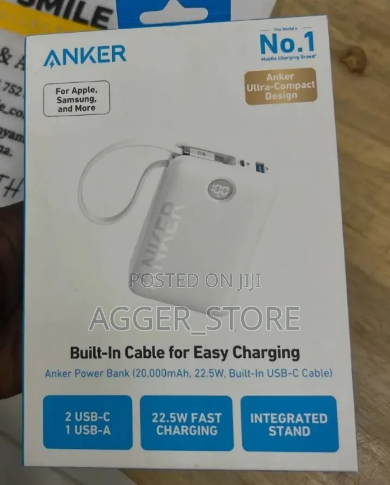 Anker Power Bank (20,000mah, 22.5w, Built-in Usb-C Cable)