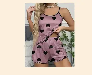 Womens Pink Heart Pj Pyjama Short Set (Size Large)