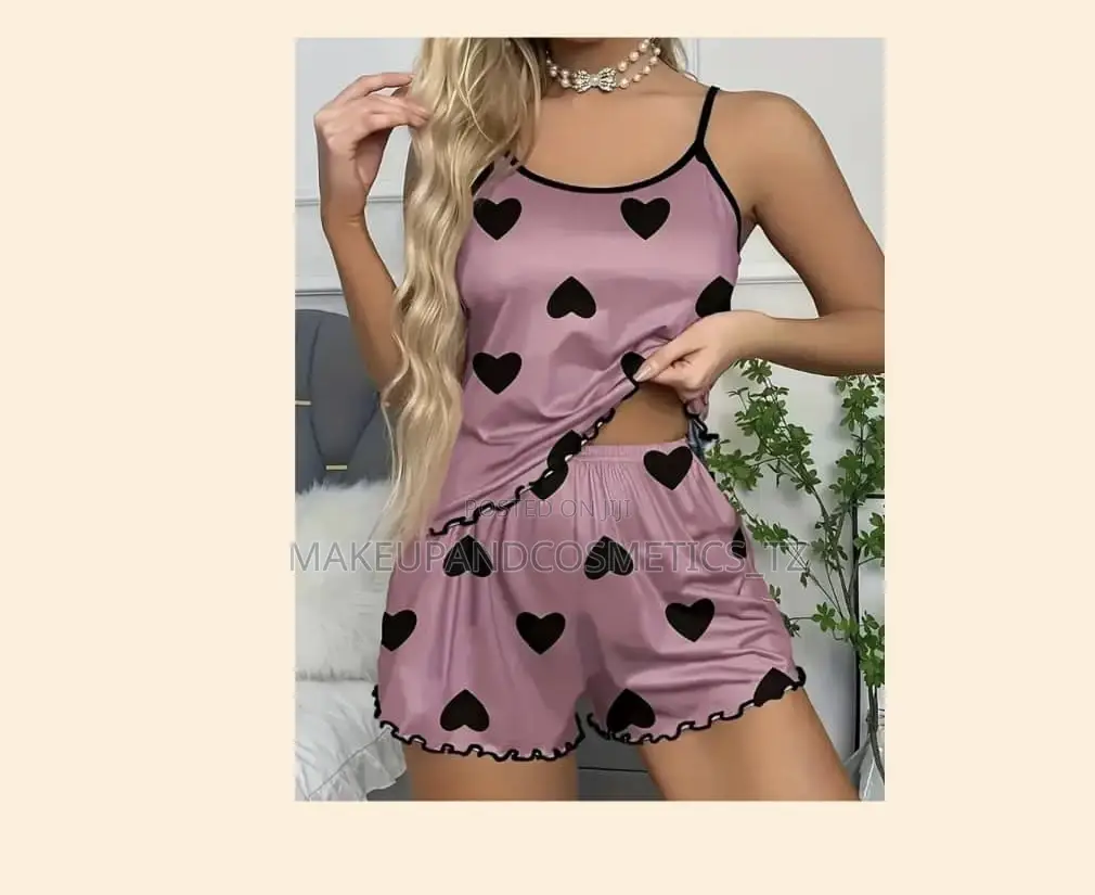 Womens Pink Heart Pj Pyjama Short Set (Size Large)