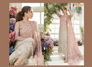 Pink Cream Kurti Lace Embroidery Wedding 3 Pc Set Semi Stitch