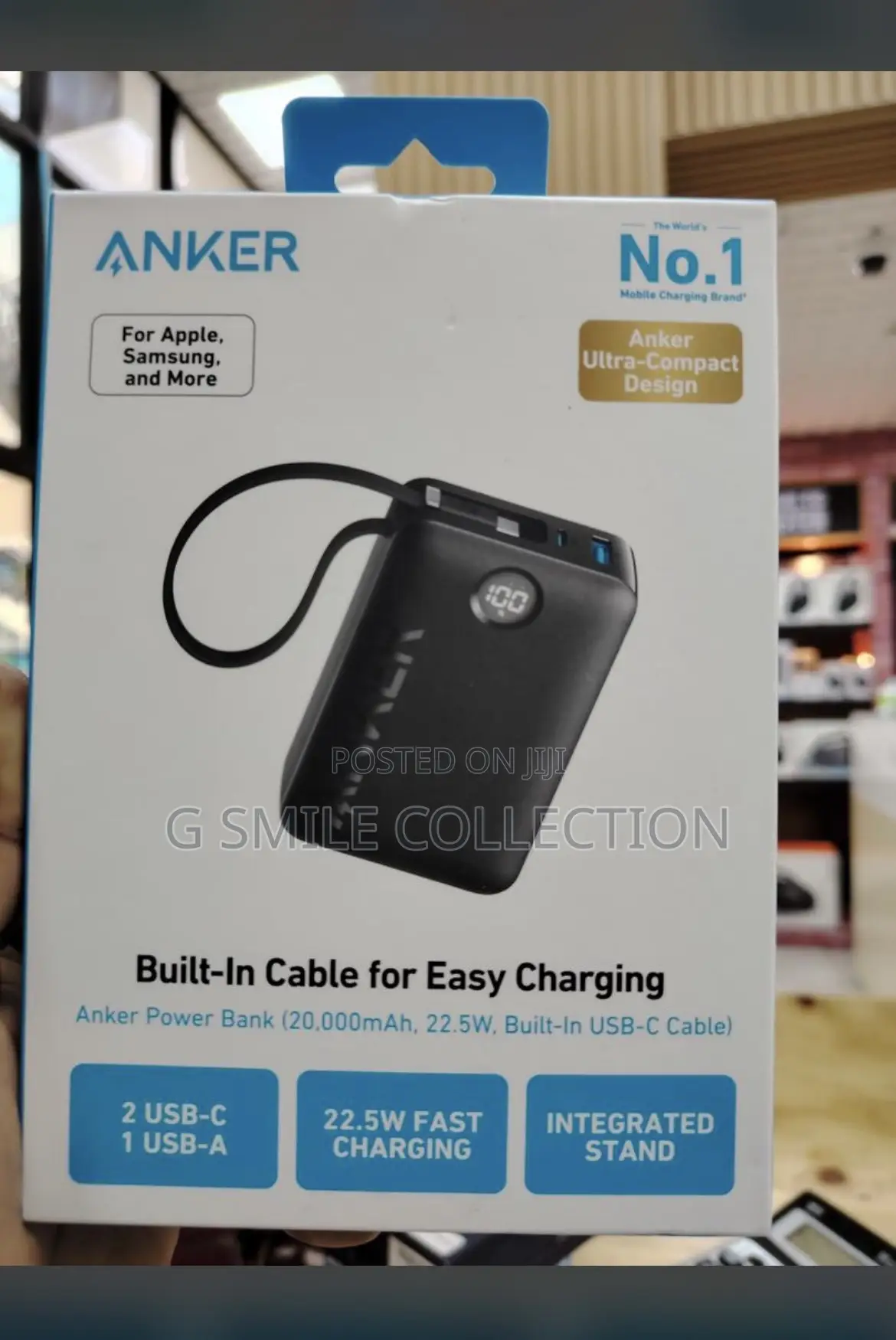 Anker Power Bank (20,000mah, 22.5w, Built-in Usb-C Cable)
