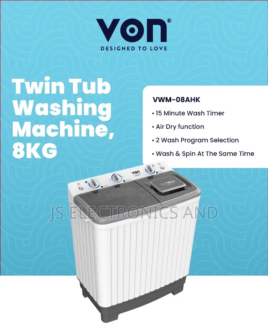 Von Washing Mashine Kg 8 Twin Tub Wash and Spin at the Same Time