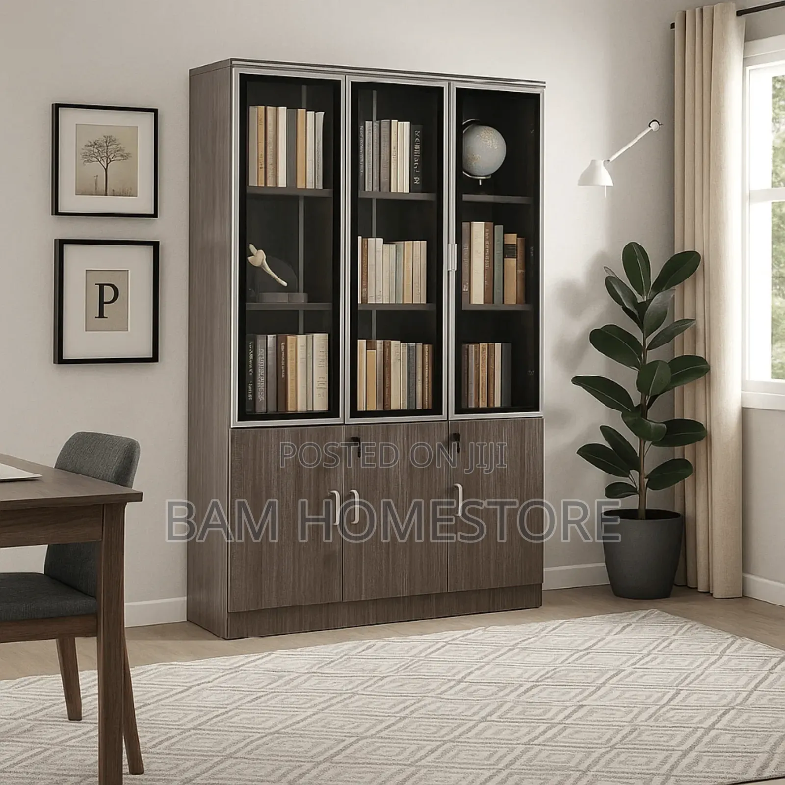 Executive 3-Door Office Bookcase - Modern Glass Filing Cabinet
