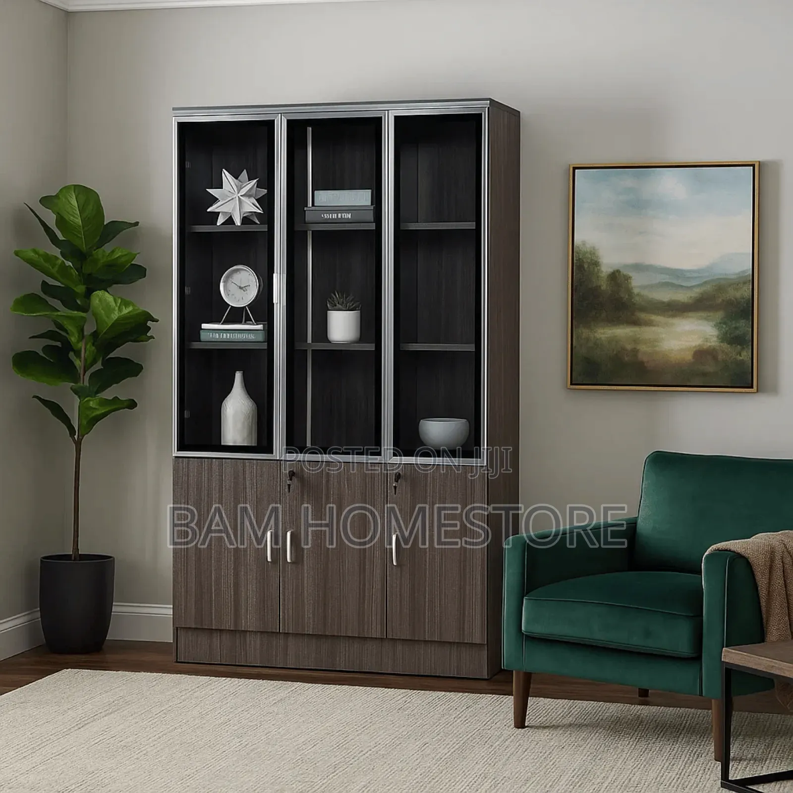 Executive 3-Door Office Bookcase - Modern Glass Filing Cabinet