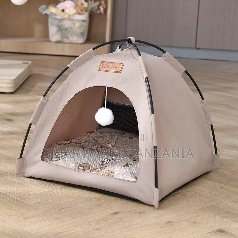 Portable Cat Tent With Pom Pom Toy Beige Pet Bed Indoor Shelter