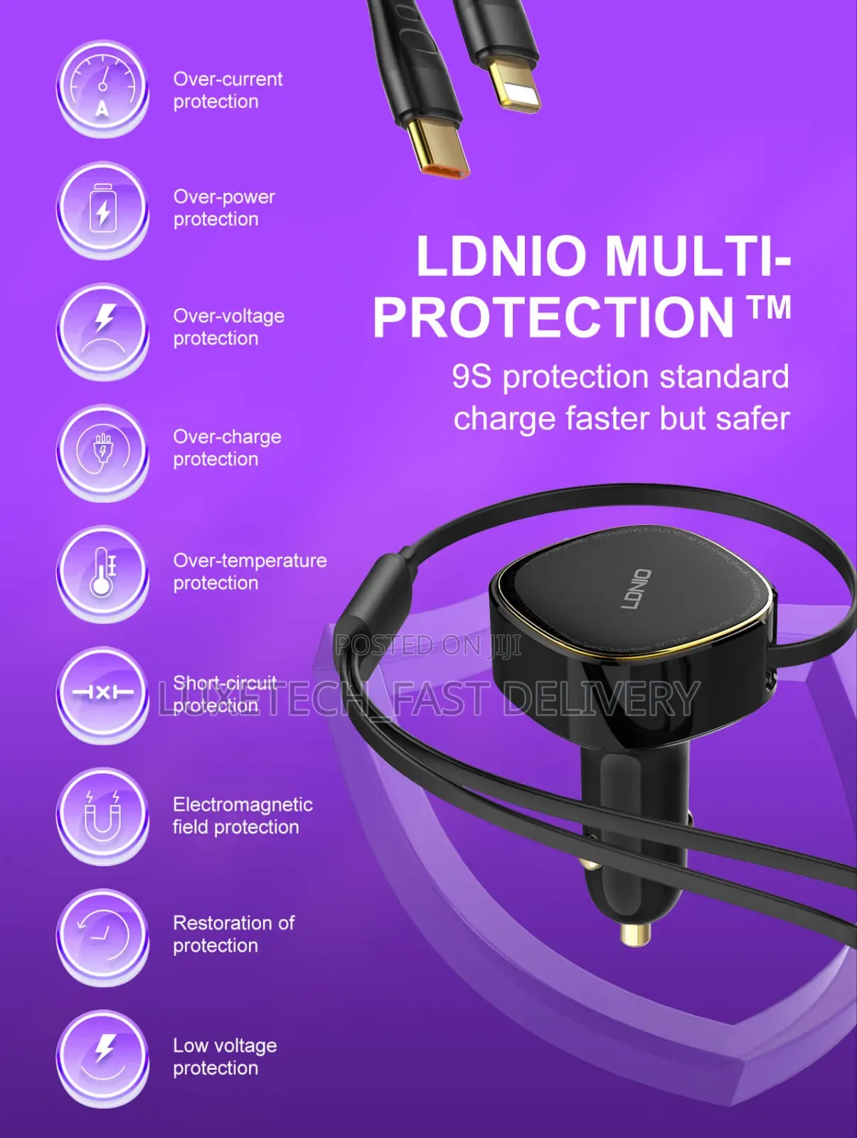 Ldnio C107 30w High-Power 2-in-1 Car Charger With a Retractable Cable