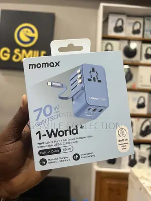 World+ 3-Port Travel Gan Charger With Built-in Usb-C Cable 70w