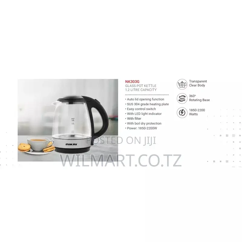 Nikai Jug Kettle 1.2l Glass With Filter 2200w Nk303g Filter With Boil