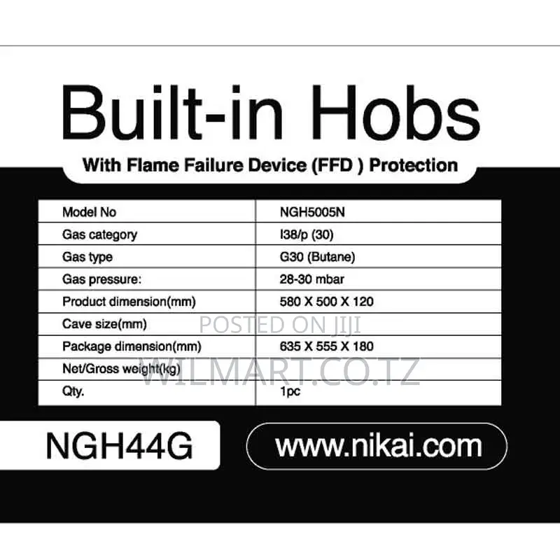 Nikai Gas Cooker 4 Burner Glass 8mm Tempered 580x500x120mm Ngh44g Auto