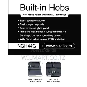Nikai Gas Cooker 4 Burner Glass 8mm Tempered 580x500x120mm Ngh44g Auto