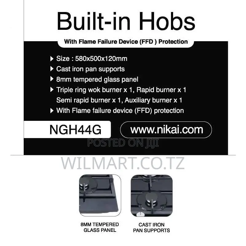 Nikai Gas Cooker 4 Burner Glass 8mm Tempered 580x500x120mm Ngh44g Auto
