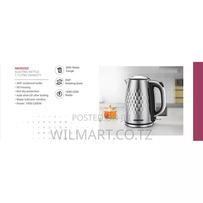 Nikai Jug Kettle 1.7l Steel With Water Guage 2200w Nk592ss Automatic