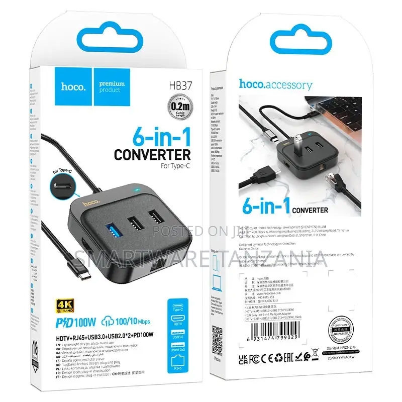 Hoco Hb37 6-in-1 Type-c Hub Hdtv Rj45 Usb3.0 Pd100w Converter