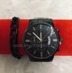 Watch and Matching Black Chain Bracelets Set