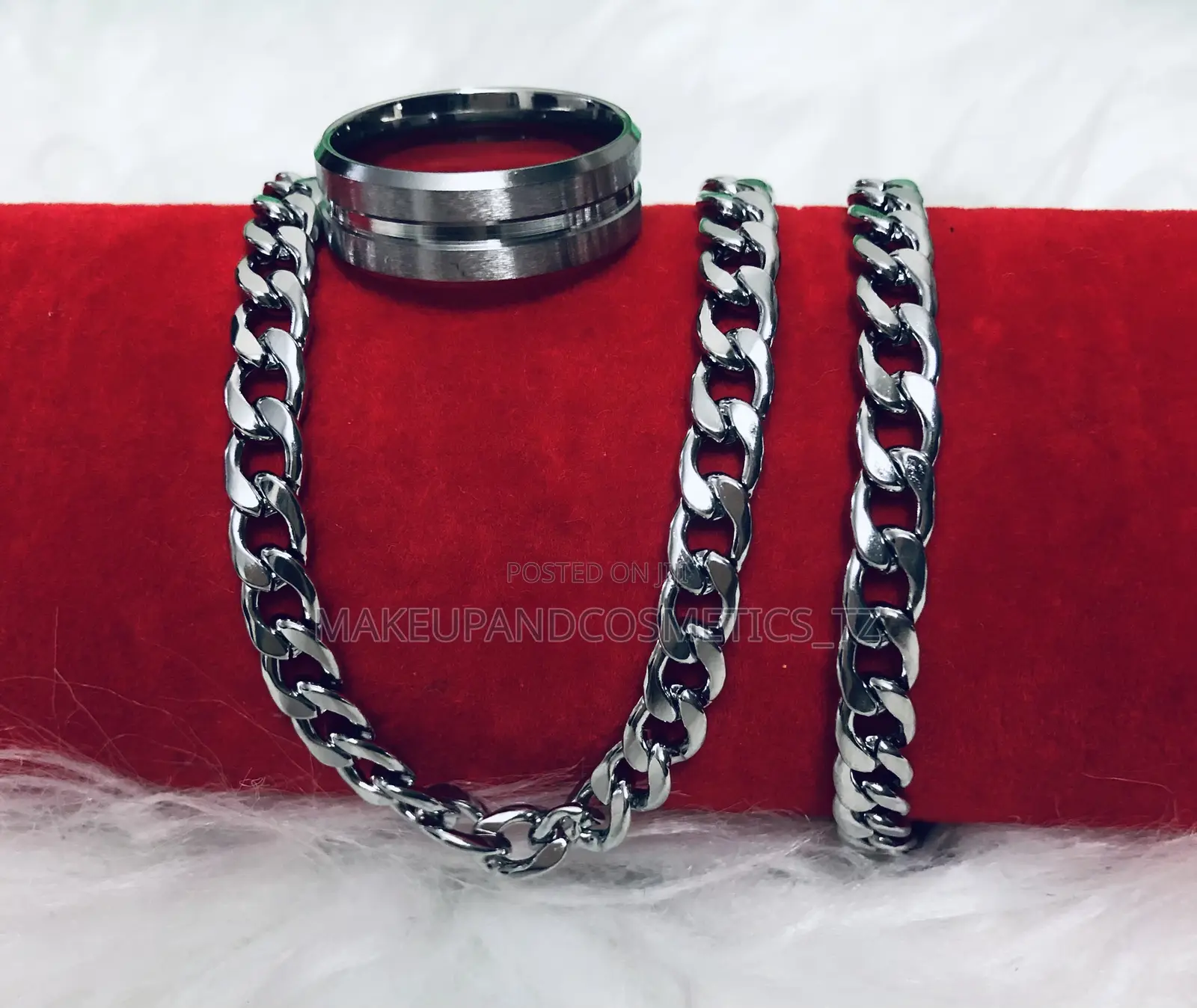 Set of Stainless Steel Included a Ring and Two Curb Chain