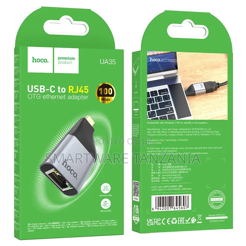Hoco Usb-c To Rj45 Otg Ethernet Adapter 100mbps Network Connection