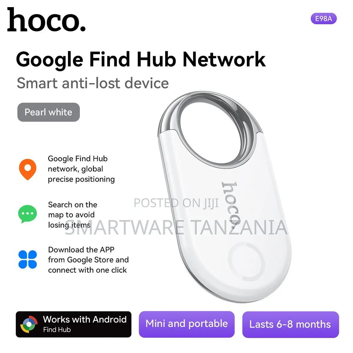 Hoco E98a Google Find Hub Tracker Pearl White Mini Portable 6-8m