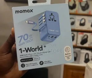 Momax 1-World+ 3-Port Travel Gan Charger With Built-In Usb-C Cable 70w