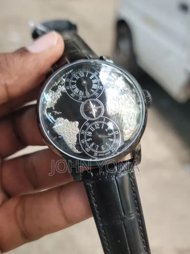 Jacob Co the World Is Yours Dual Time Zone Watch Black Leather Strap