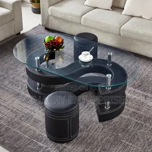 Tempered Glass Coffee Table With Two Side Black Leather Stools