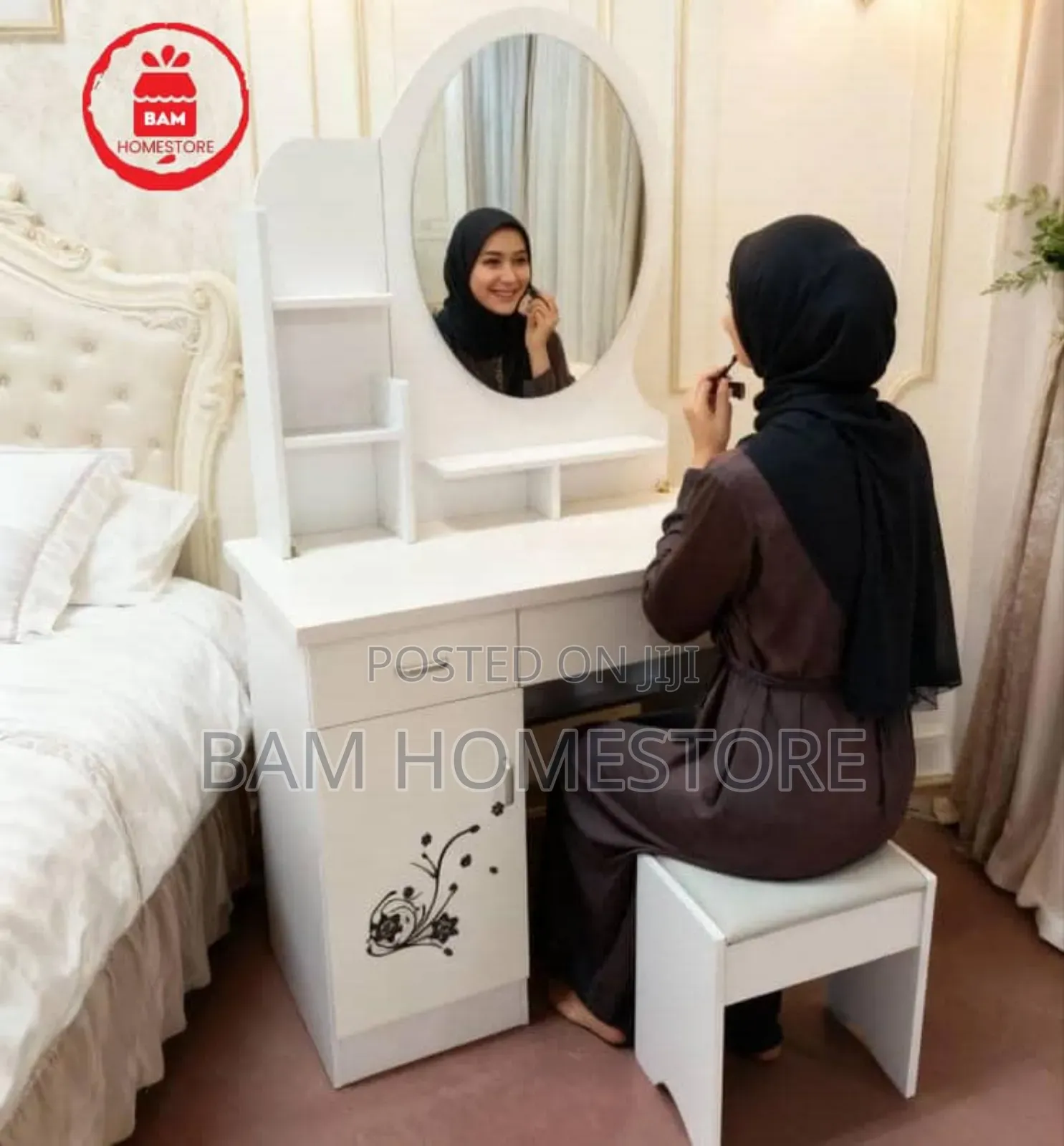Modern White Dressing Table With Oval Mirror, Shelves Matching Stool