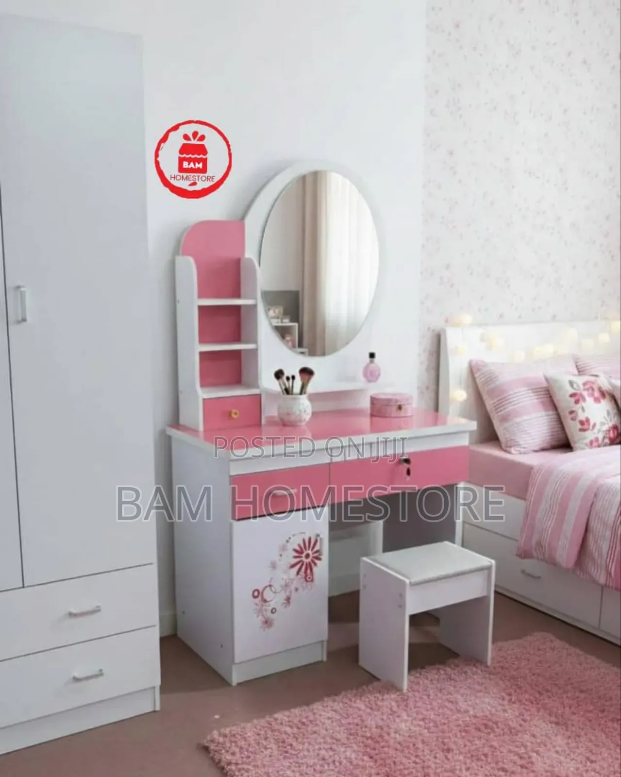 Modern White Dressing Table With Oval Mirror, Shelves Matching Stool