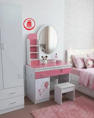 Modern White Dressing Table With Oval Mirror, Shelves Matching Stool