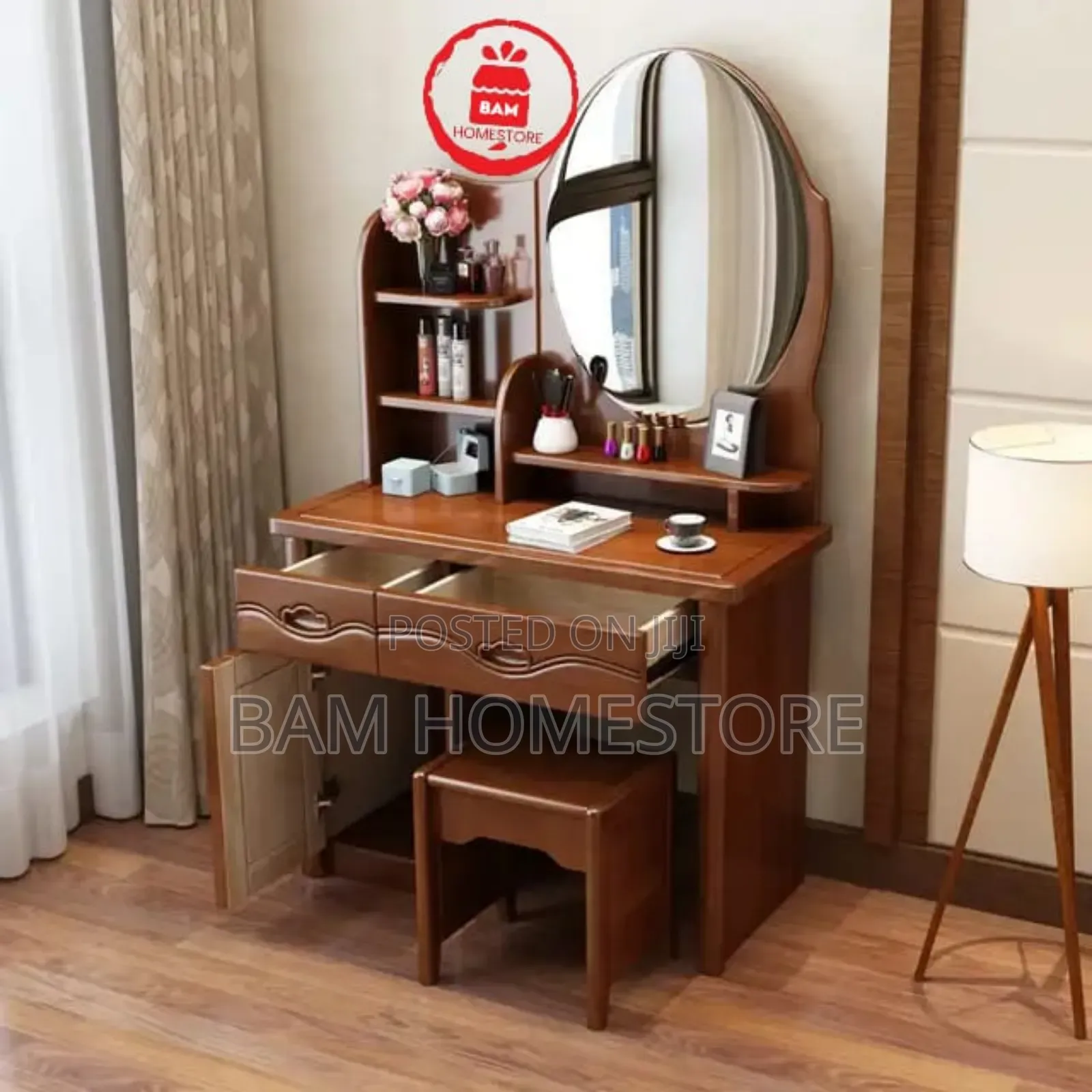 Modern White Dressing Table With Oval Mirror, Shelves Matching Stool