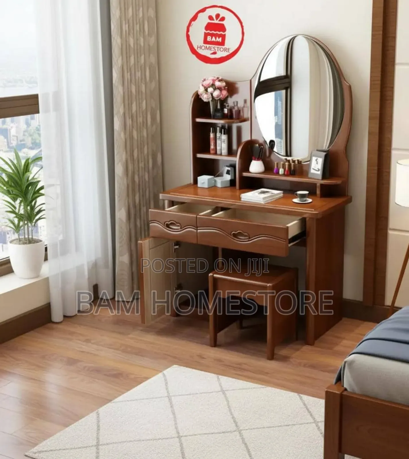 Modern White Dressing Table With Oval Mirror, Shelves Matching Stool