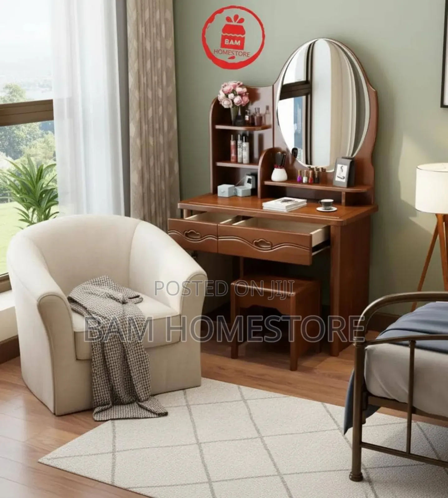 Modern White Dressing Table With Oval Mirror, Shelves Matching Stool