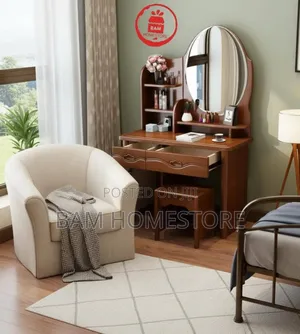 Modern White Dressing Table With Oval Mirror, Shelves Matching Stool