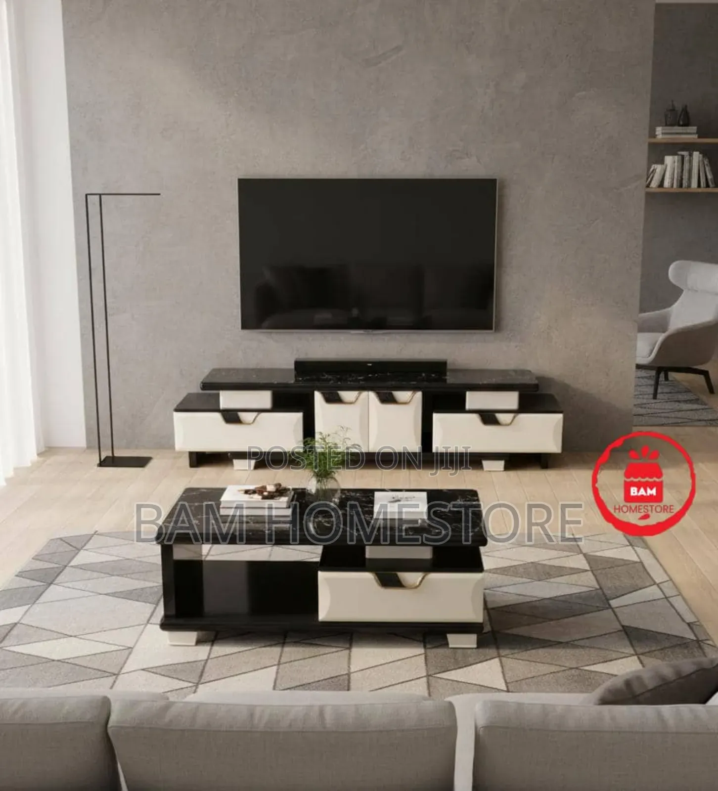 Modern Luxury Tv Showcase Coffee Table Set - Black White Marble