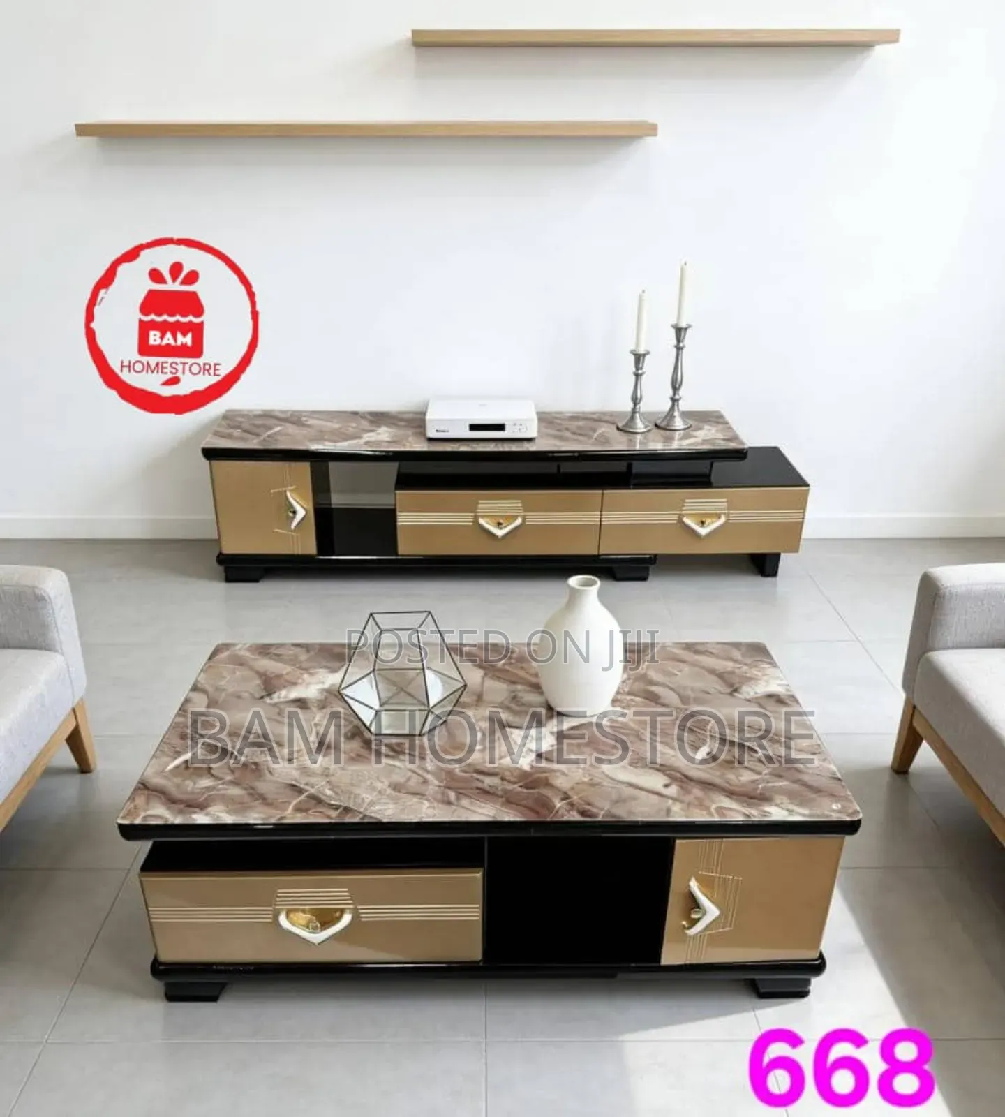 Modern Luxury Extendable Black Marble Tv Showcase Coffee Table Set
