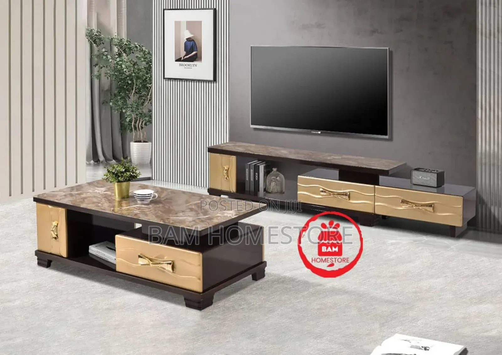 Modern Luxury Extendable Black Marble Tv Showcase Coffee Table Set