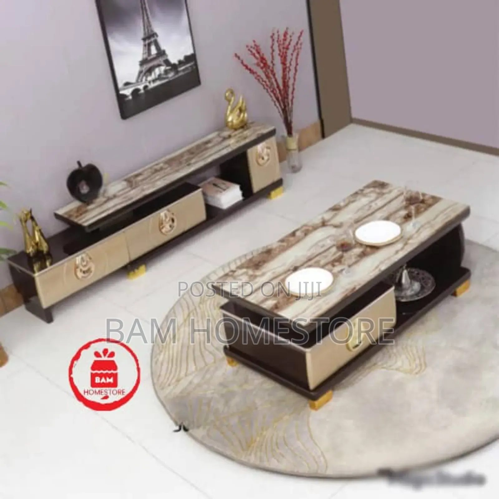 Modern Luxury Extendable Black Marble Tv Showcase Coffee Table Set