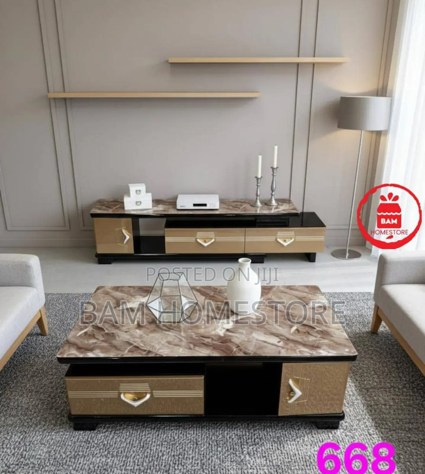 Modern Luxury Extendable Black Marble Tv Showcase Coffee Table Set