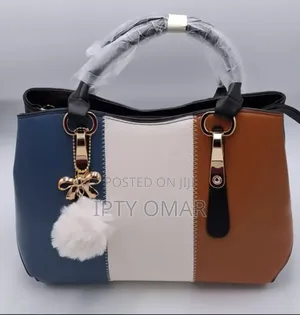 Blue and Reddish Brown Tricolor Handbag With Chic Bow Keychain