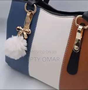 Blue and Reddish Brown Tricolor Handbag With Chic Bow Keychain