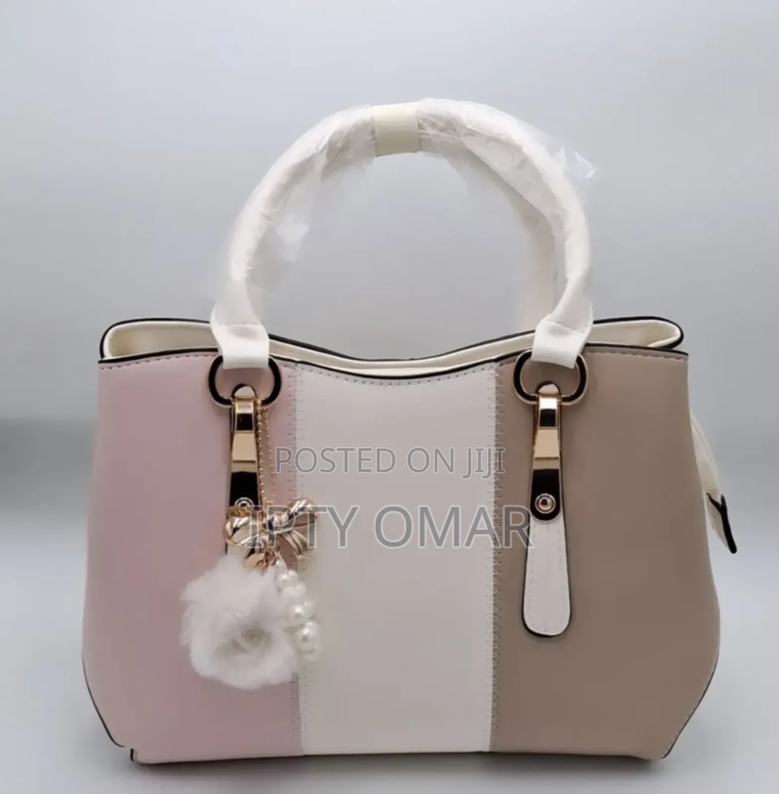 Pink and Brown Tricolor Handbag With Chic Bow Keychain